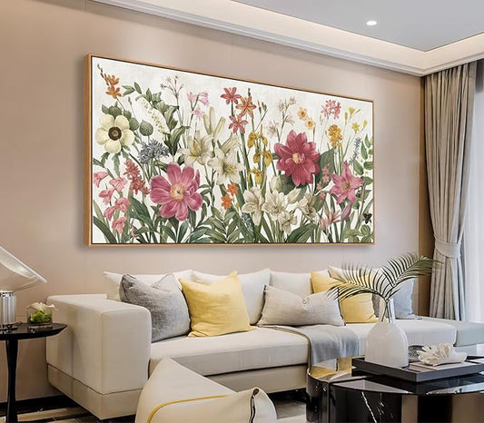 arteWOODS Botanical Framed Wall Art - Flowers Canvas Pictures Wall Decor Wildflowers Plants Painting Artwork Red Beige Blooming Floral Prints for Living Room Bedroom 58 x 29in Natural Wood Frame