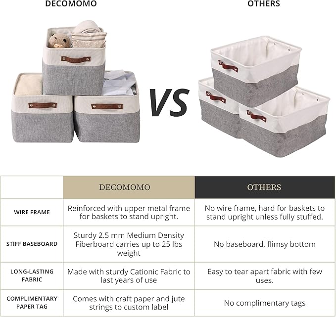 DECOMOMO Storage Baskets for Shelves - Fabric Closet Organizers and Storage Bins, Perfect Baskets for Organizing Closet Toys Nursery (Grey and White, XL - 3 Pack)