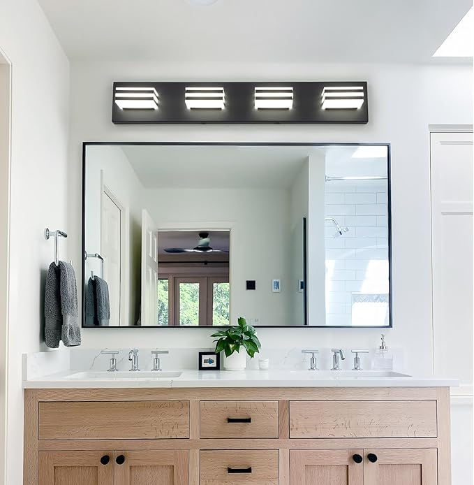Black Bathroom Light Fixtures 24W Wall Light for Mirror 27 Inch Vanity Lighting Fixtures over Sink 4 Light LED Vanity Lamp Modern over Mirror Light Fixture Acrylic LED Light Bar for Bathroom Restroom