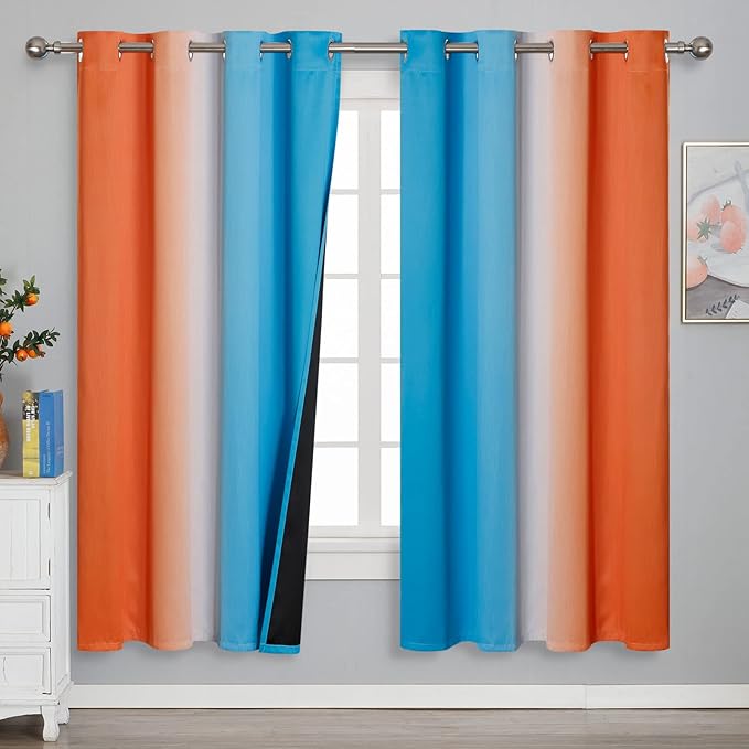 Ombre Orange and Blue Blackout Curtains 72 Inch Length 2 panels, Full Room Darkening Curtains for Bedroom, Thermal Insulated Gradient Drapes, Full Light Blocking Curtains with Grommet, 52x72 Inch