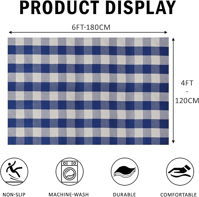 SEEKSEE Cotton Buffalo Plaid Rug 4'x6' Blue and White Hand Woven Checked Rug Washable Doormats Indoor Outdoor Rugs for Layered Front Door Mats, Porch, Kitchen, Farmhouse, Entryway