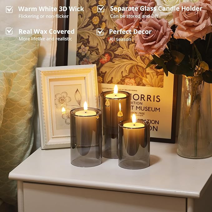 NURADA Flameless Candles with Remote Timer - Glass Real Wax 3D Wick LED Pillar Votive Candle Set Battery Operated Flickering Light for Home Christmas Decoration -Grey 3 Pack