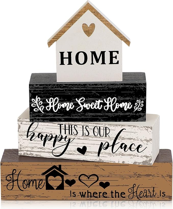 Geelin 4 Pcs Farmhouse Wooden Tabletop Decor Sweet Home Tiered Tray Decor Rustic Home Wood Sign Neutral Decorations for Wood Block Sign Coffee Shelf Desk Centerpiece Decoration