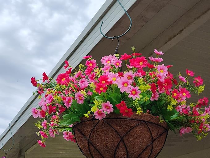 Artificial Faux Hanging Plants Flowers Basket for Spring, Red Daisy Flowers Eucalyptus UV Resistant Look Real for Outdoor Outside Porch Decoration