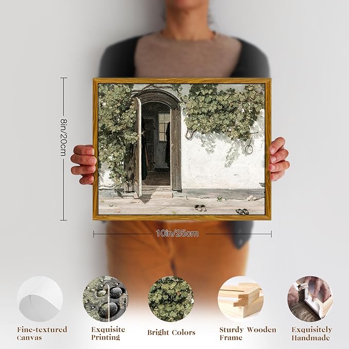 crmotu Framed Canvas Wall Art, Rural Landscape Vintage Art Prints, Rustic Door Entrance Farmhouse Decor, Green Grapevine Plant Aesthetic Pictures, Bedroom Bathroom Kitchen Desktop Small Artwork 8x10in