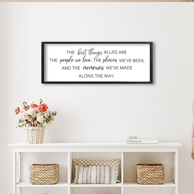 Comurdyo The Best Things in Life Sign 32''×12'' Framed Wood Memories Inspirational Quotes Wall Decor Vintage Farmhouse Wedding Gifts Sign Wall Art for family Home Bedroom (Black)