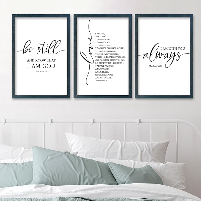 SRSZHIYUE Bible Verses Wall Decor Be Still Love Is Patient I Am With You Always 16"×11" Set of 3 Wooden Framed Scripture Living Room Wall Hanging Art (Black)