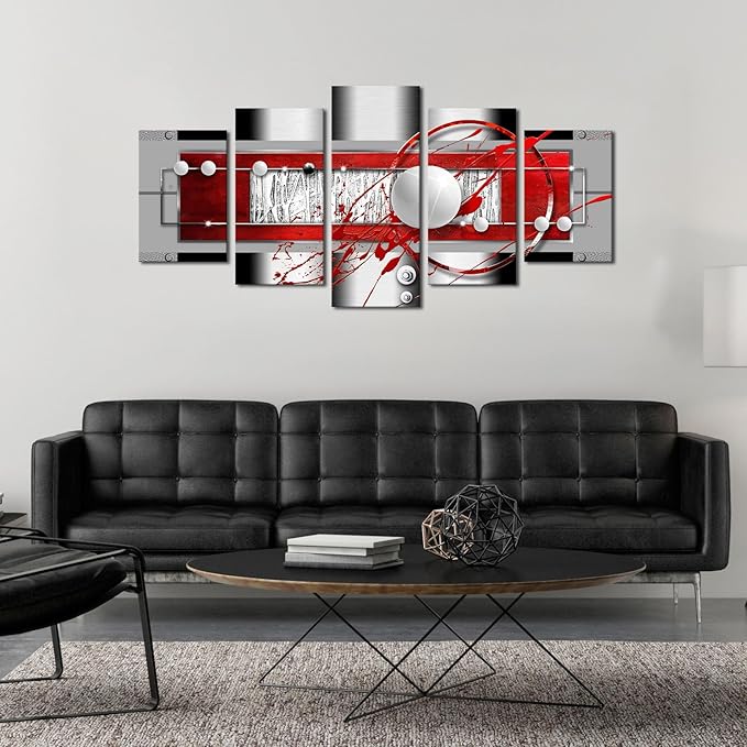 AWLXPHY Decor Abstract Canvas Wall Art Red Black Grey for Living Room Decor 5 Pieces Framed Painting Modern Simple Circle Round Line HD Print Artworks Giclee(White, W40 x H20)
