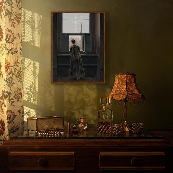 crmotu Framed Canvas Wall Art, Vintage Portrait Paintings Wall Decor, Woman by the Window Dark Art Prints, Retro Lady Back Pictures Rustic Farmhouse Home Decor Living Room Bedroom Bathroom 16x24in