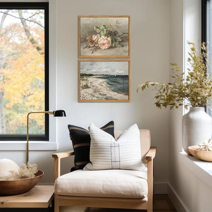 KBKBART Vintage Wall Decor Prints, Retro Still Life Flower Canvas Wall Art, Framed Classical Pink Botanical Print, Vintage Art Painting Flower Wall Decor for Bedroom Living Room Bathroom