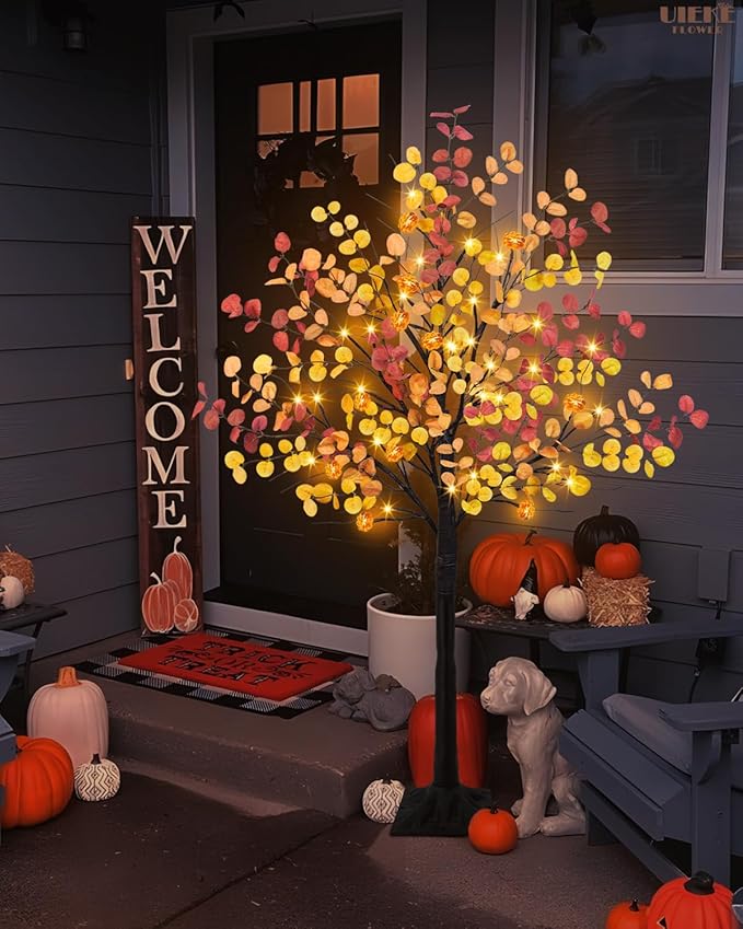 Uieke 4FT 48LED Lighted Fall Eucalyptus Tree Artificial Fall Tree with 12PCS Pumpkins & 8 Modes Thanksgiving Fall Decorations for Home Autumn Decor Indoor Outdoor