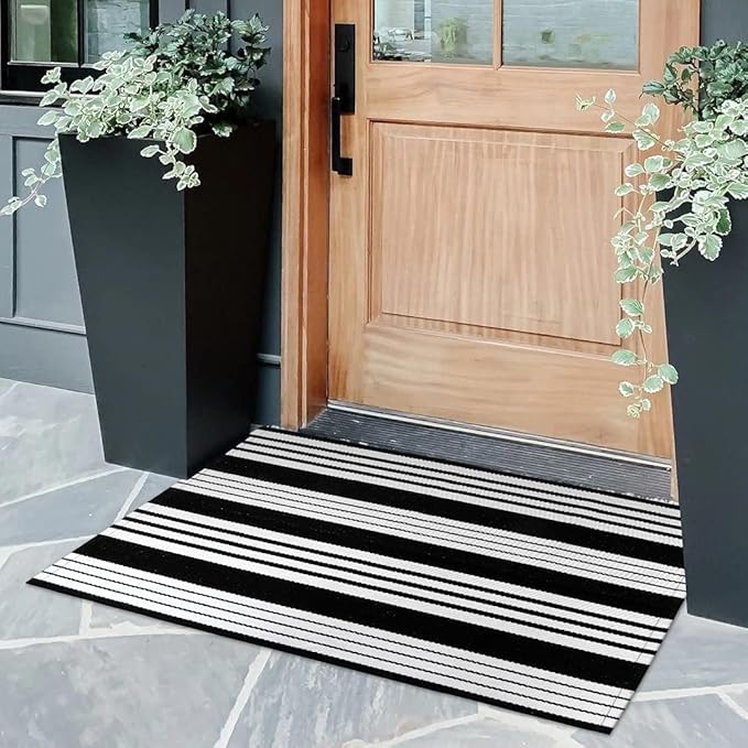 OJIA Fall Front Door Mat 24"x35" Black & White Front Door Rug Washable Entry Rug Cotton Handwoven Halloween Indoor Outdoor Doormat Small Area Rugs for Porch/Entrance