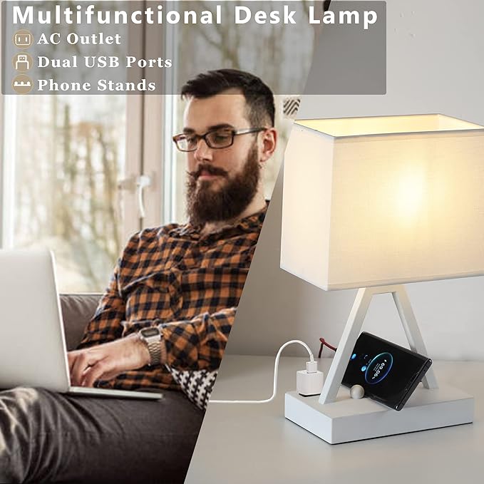 Briever Touch Control Table Lamp, 3-Way Dimmable Desk Lamp with USB C & USB A and AC Outlet, Bedside Lamp with Phone Stands for Bedroom, Living Room, Office, LED Bulb Included, White