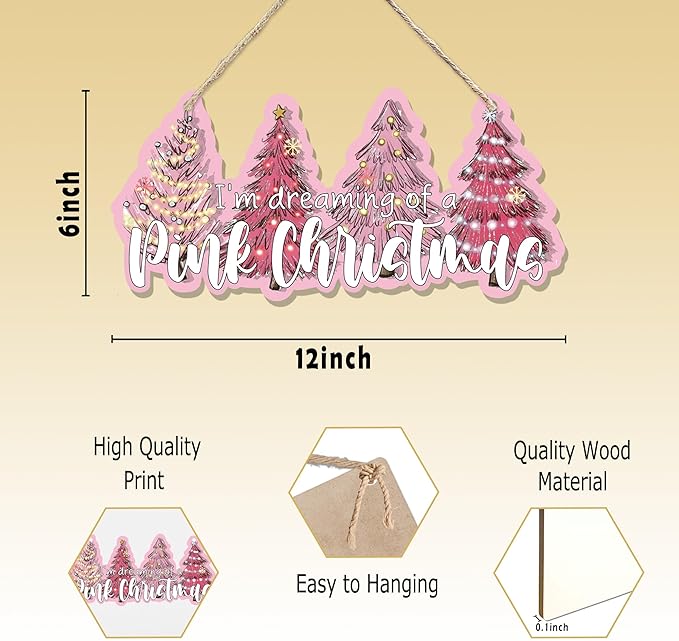 CGBHW Pink Christmas Tree Wooden Sign, I’m Dreaming of a Pink Christmas Snowflake Decoration Hanging Sign Wall Decor, Winter Holidays Theme for Home Office Girls College Dorm Door Decor 12 x 6 Inch