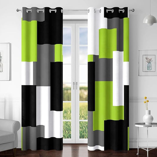Lime Green 100% Blackout Curtains for Bedroom 96 inch Length 2 Panels Set Light Fresh Modern Abstract Geometric Black Out Curtains Insulated Room Darkening Window Drapes for Living Room, 52Wx96L