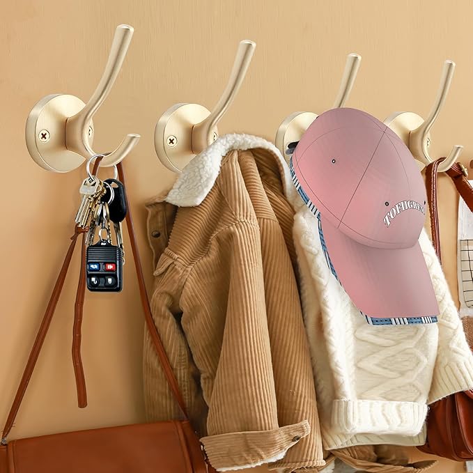 Gold Hat and Coat Hooks, 4 Pack Heavy Duty Coat Robe Hook, Metal Double Backpack Hook Wall Mounted, Towel Hooks for Bathroom Entryway Cubicle Closet Garage