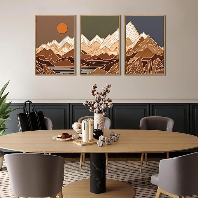 IARTTOP Large Mountain Framed Canvas Wall Art 16x24 Inch Set of 3 Abstract Mountain Woodcut Wall Decor for Living Room Bedroom Office