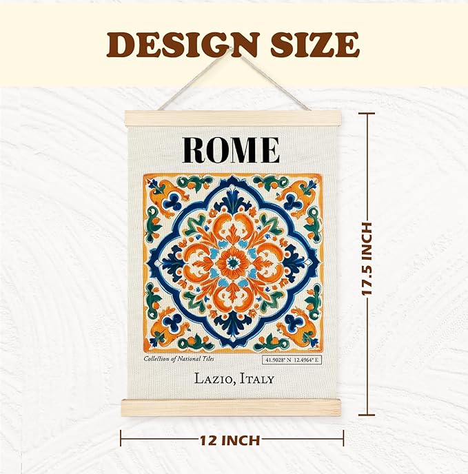 Yomisex Rome Lazio Italy Tile Wall Art Poster, Traditional Roman Tiles Exquisite Porcelain Aesthetic Canvas Prints Wall Art Framed for Home Bedroom Living Room Decor, 12x16 Inch