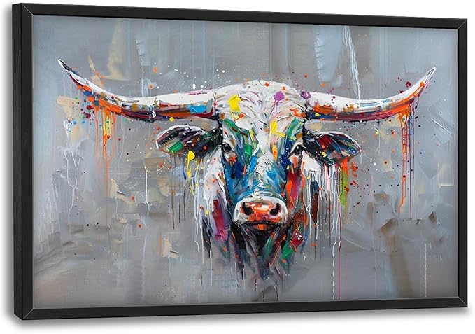 Cow Large Framed Wall Art Abstract Colorful Cow Pictures Oversized Graffiti Wall Decor Canvas Print Painting Aesthetic Modern Artwork for Living Room Bedroom Office Bathroom Home Decor 36L x24W