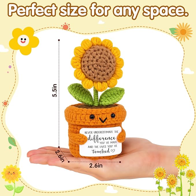 Crochet Sunflower Affirmation Gift “Never Underestimate The Difference You’ve Made” Thank You Gift for Teacher, Mentor, Coworker, Employee, Principal | Retirement & Farewell Appreciation