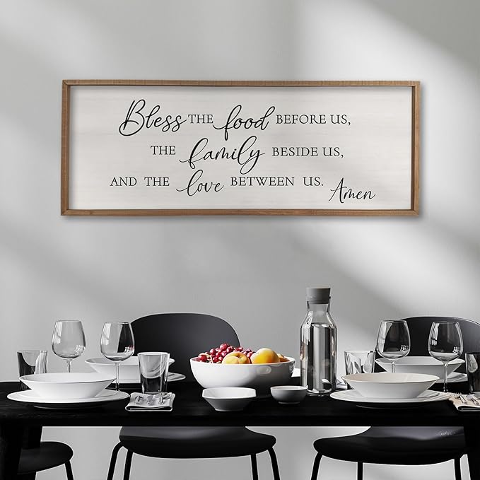 Surfapans Bless the Food Before Us Wall Decor, 40"X15" Farmhouse Dining Room Family Kitchen Sign, Christian Bible Verse Scripture Vintage Home Framed Wood Wall Art(Wood White)