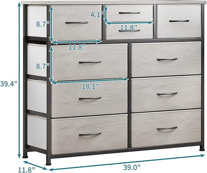 LUMTOK 10-Drawer Dresser, Fabric Storage Dresser Drawers for Bedroom, Hallway, Nursery, Closets, Steel Frame, Wood Top, Easy Pull Handle (Greige)