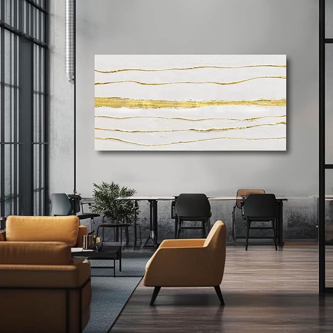 White Canvas Wall Art Abstract Line Prints Living Room Wall Decorations Gold Foil Painting Large Framed Wall Decor for Bedroom Hotel 29x58 Inch