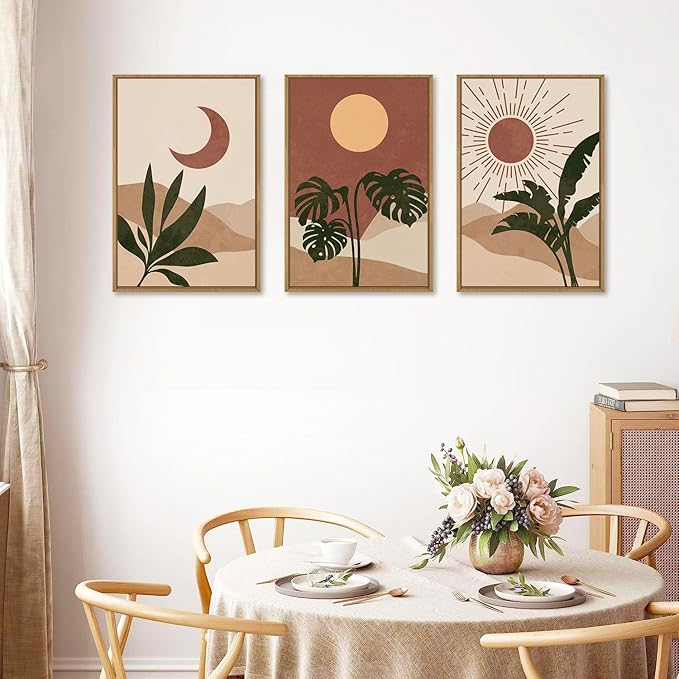 KAIRNE Mid Century Modern Wall Art Set of 3, Boho Sun and Moon Wall Decor, Bohemian Abstract Botanical Wall Painting, Modern Nature Art Prints for Living Room, Bedroom, Office - 16"x24"