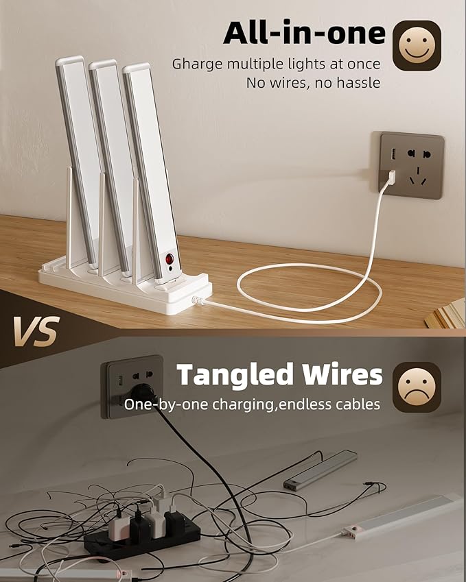 EZVALO Under Cabinet Lighting with Charging Station, Rechargeable Motion Sensor Light Indoor, Dimmable Closet Lights Wireless, 5700K, Motion Activated Under Counter Lights for Kitchen,Pantry(3 Pcs)