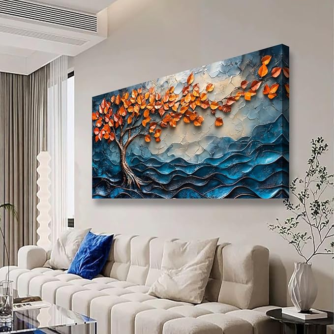 Tree of Life Canvas Wall Art Bedroom Wall Decor Living Room,Abstract Wall Art Office Kitchen Paintings Artwork Modern Blue Wave Leaf Pictures Art Prints Waterproof Ready to Hang-20x40inch