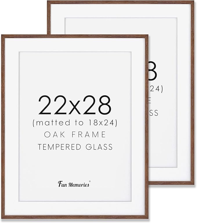 Oak Wood Picture Frame 22x28, 22 x 28 Poster Frame for Wall, 22"x28" Wood Frames Photo Frames in Walnut, Tempered Real Glass, 22x28 Frame with Mat for 18x24 (Walnut, 2 Pack)