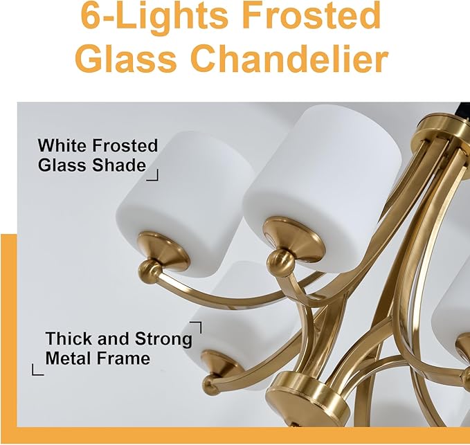 Modern 6-Light Brass Chandelier 25.59in Frosted Glass Chandeliers Metal Mid-Century Gold Pendant Light Fixtures for Living Room Dining Room Bedroom Foyer Stairway