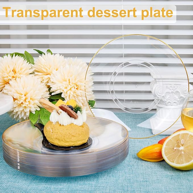 Nervure 100Pieces Clear and Gold Rim Plastic Plates - 7.5inch Disposabl Salad Dessert Plate - Clear and Gold Party Plates Ideal for Wedding & Party & Thanksgiving