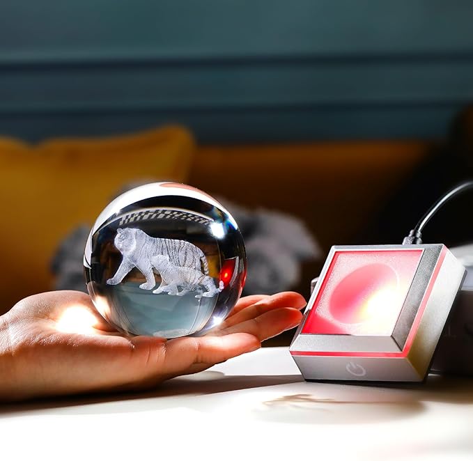 Ornalrist 3D Tiger's Crystal Ball with LED Light Base 3.15in - Tiger Gifts for Women, Mom on Mother's Day from Son, Daughter - 3D Crystal Ball Lamp Engraved Tiger Mother & Child Figurine Home Decor