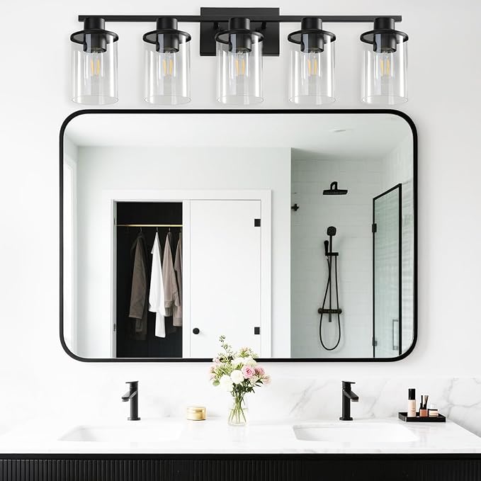 LOUSACE 5 Light Bathroom Vanity Light, Matte Black Bathroom Light Fixtures, Modern Bathroom Lights Over Mirror with Clear Glass Shade, Wall Sconce Lighting for Bedroom Living Room