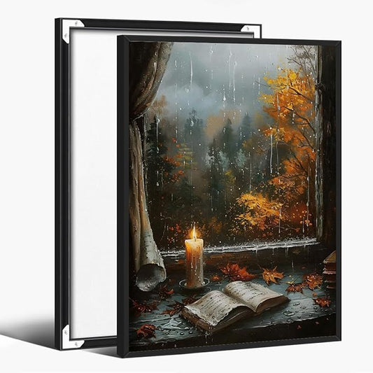 Fall Canvas Wall Art Cozy Bookish Posters Autumn Pictures Prints Moody Dark Cottagecore Academia Art Room Living Wall Decor 12x18inch black framed