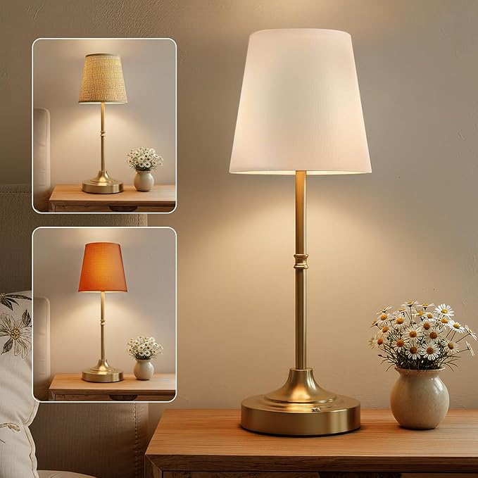Cordless Rechargeable Lamp, Touch Dimmable Bedside Table Lamp with 3 Fabric Shade, 5200mAh Small Wireless Led Lamps for Nightstand, Portable Lamp for Bedroom, Living Room, Kitchen Counter, Brass
