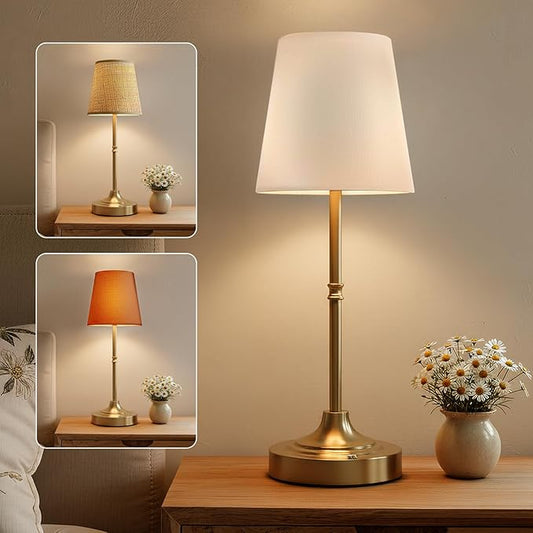 Cordless Rechargeable Lamp, Touch Dimmable Bedside Table Lamp with 3 Fabric Shade, 5200mAh Small Wireless Led Lamps for Nightstand, Portable Lamp for Bedroom, Living Room, Kitchen Counter, Brass