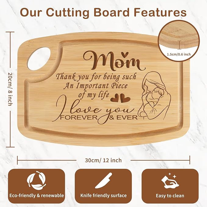 Joeyan Gifts for Mom, Mom Birthday Gift, I Love You Mother Present- Unique Engraved Cutting Board for Kitchen- Best Christmas Thanksgiving Mother's Day Gifts for Moms from Daughter Son