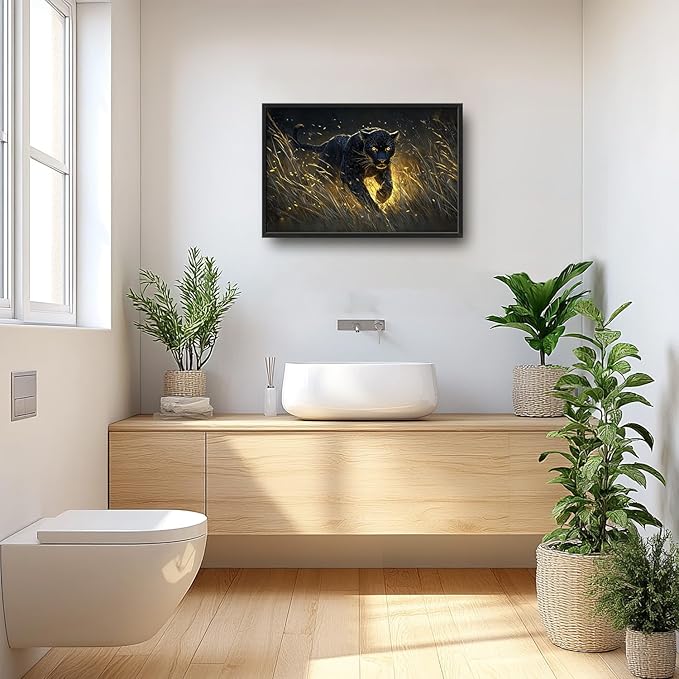 Flintis Large Black Leopard Framed Wall Art Leopard Pictures Wall Decor Abstract Animal Portrait Canvas Painting Print Artworks Decor Framed for Living Room Bathroom Master Bedroom Office 36L X 24W