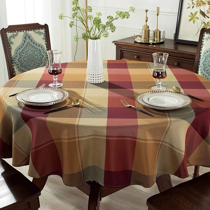 SASTYBALE Round Tablecloth Checkered Style Polyester Table Cloth Dust-Proof Wrinkle Resistant Heavy Weight Table Cover for Kitchen Dinning Tabletop Decoration (Round,60" (4-5 Seats), Red)