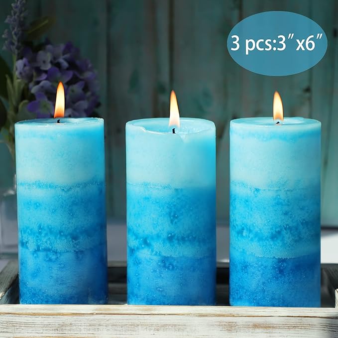 Pillar Candles Ocean Scented, Immeiscent Aromatherapy Candles, 60+ Hours Burn Long Lasting, Blue Mottled Layered Candles for Home Scented, SPA, Restaurant, Set of 3