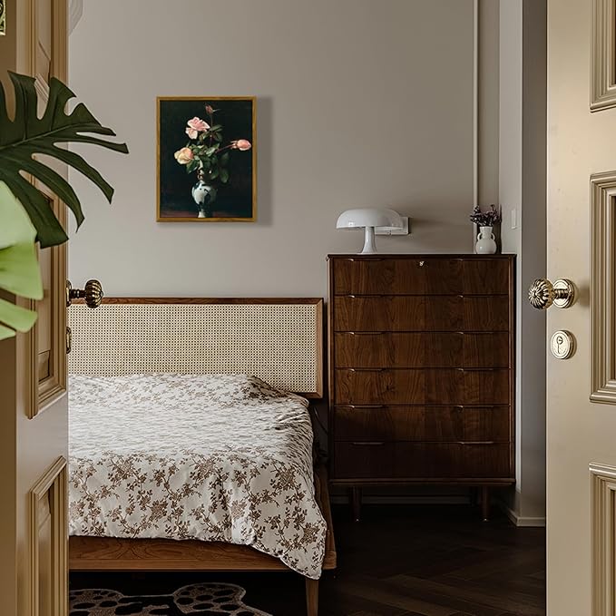 crmotu Vintage Framed Wall Art, Classical Vase Roses Canvas Painting, Still Life Floral Botanical Prints, Flower Dark Academia Pictures Wall Decor Living Room Bedroom Desktop Kitchen Artwork 8x10in