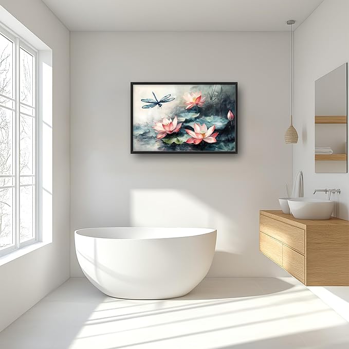 Framed Large Wall Art for Living Room, Lotus Dragonfly Canvas Wall Decor, Floral Zen Pictures Painting, Modern Landscape Artwork for Bedroom Office 36L'' × 24W''