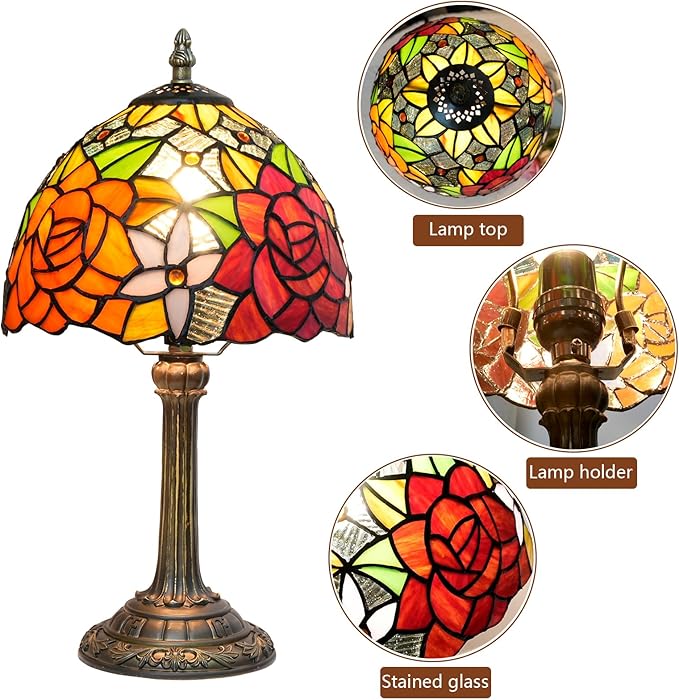8 Inch Tiffany Stained Glass Lamp, Red And Orange Rose Flower Design, Victorian Vintage Style Bedside Lamp, Suitable For Bedroom Dining Room Office Hotel And Other Home Decoration (Gorgeous Rose)