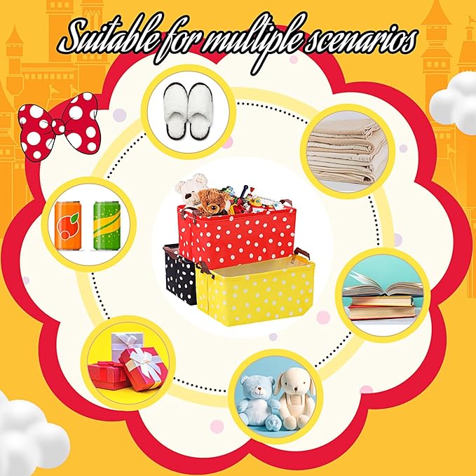 3 Pack Cartoon Mouse Storage Baskets Waterproof Canvas with Leather Handles Storage Bins Basket Organizer Collapsible for Closet Clothes Room School Red Yellow Black Dot Decor