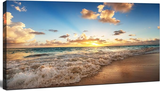 Large Beach Wall Art for Living Room Coastal Canvas Painting Decor - Sunrise Ocean Picture Nature Seascape Artwork Poster Print for Office Bedroom Decoration 24"x48"