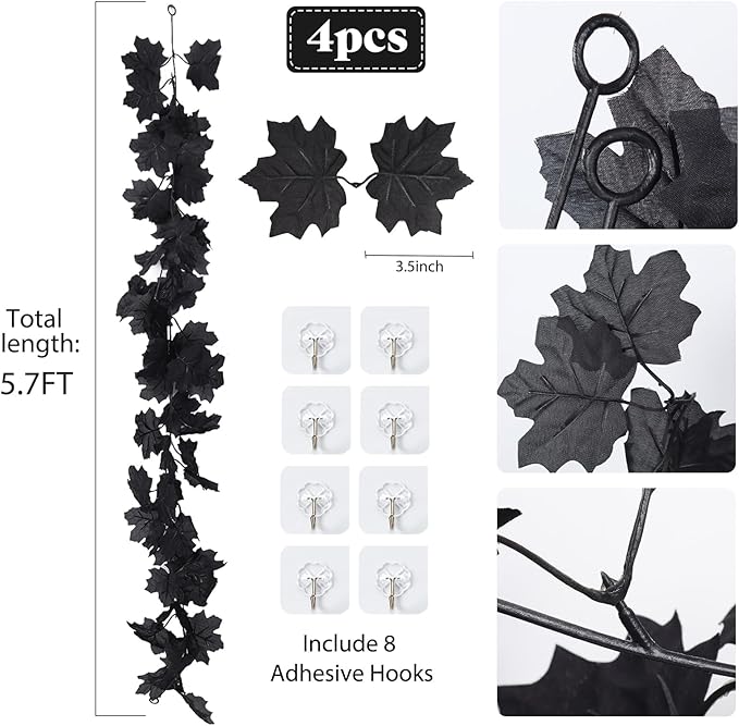 Fall Decor Fake Garland, Black Decorations Halloween Garlands, Autum Wall Hanging Maple Leaves, Artificial Maple Leaf Vine, Halloween Clearance,Fall Decoration for Home(4 Pcs Black)