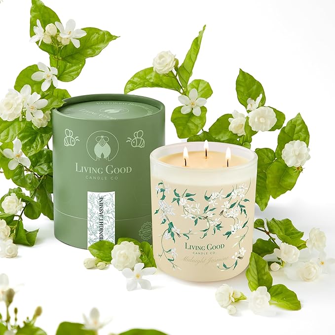 Midnight Jasmine Beeswax Candle - Nostalgic Soft Jasmine with Pink Pepper & Vanilla - Subtle & Refreshing - 90+ Hours of Clean & Non-Toxic Burn - Hand-Drawn Jar - Perfect Unique Gift - 15 OZ