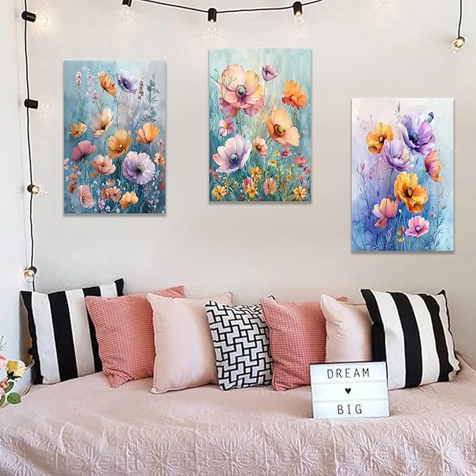 Floral Poster Canvas Wall Art Home Decor Abstract Wildflower Daisy Flower Green Leaves 3 Pieces Picture Print Plant Painting Artwork for Bedroom Kitchen Office Stretched and Framed [48''W x 24''H]